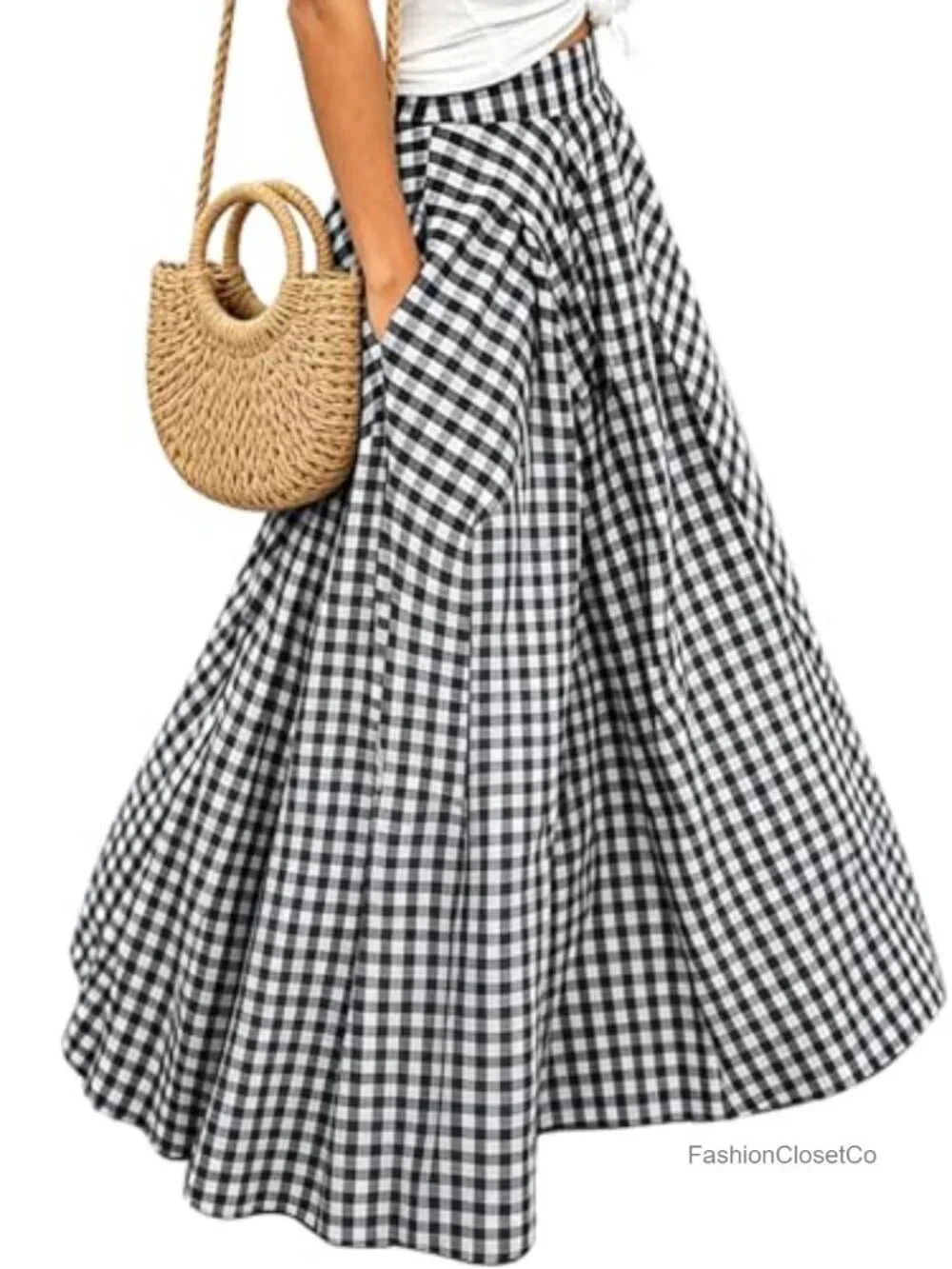 Women's Plaid Gingham Maxi Skirt with Pockets High Waist A-Line Pleated Flared